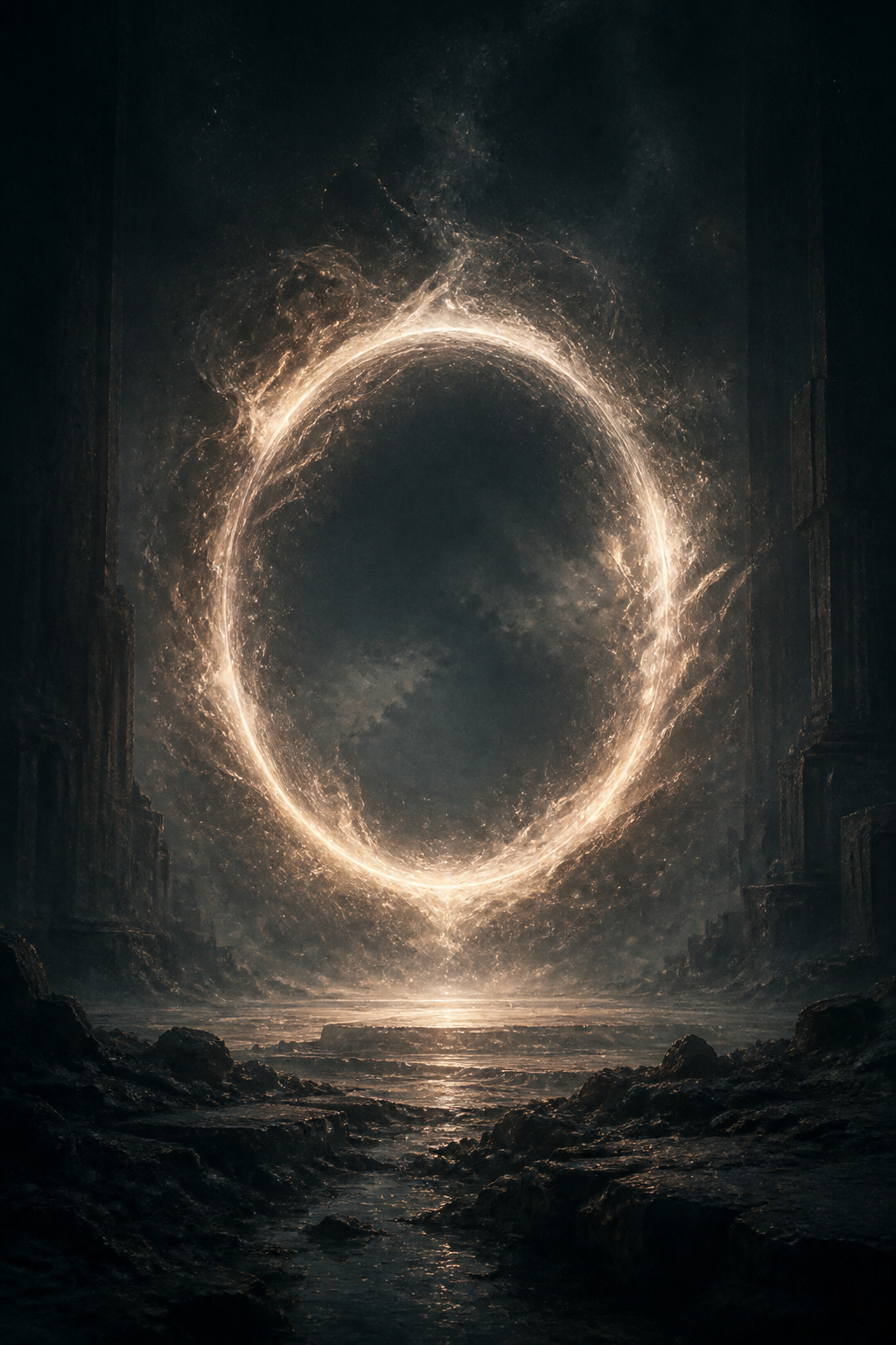 A luminous circular threshold floating in a vast dark space
