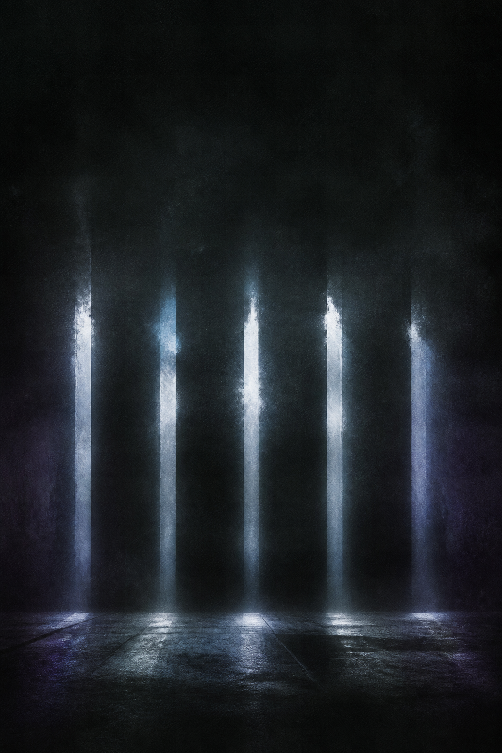 Five vertical beams of light in a dark, atmospheric room